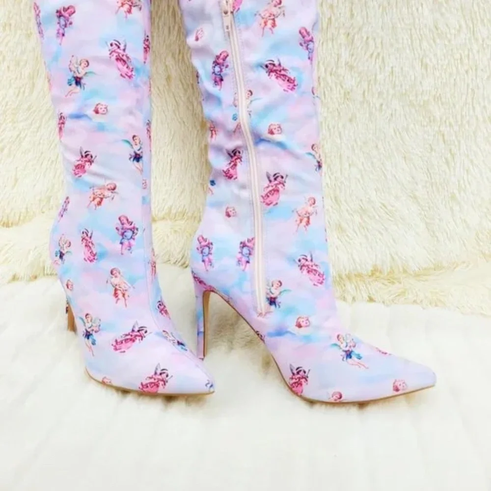 Mata Adorable Cupid Cherub Tie Dye 4.25 " Stiletto Thigh High Boots - Picture 3 of 7